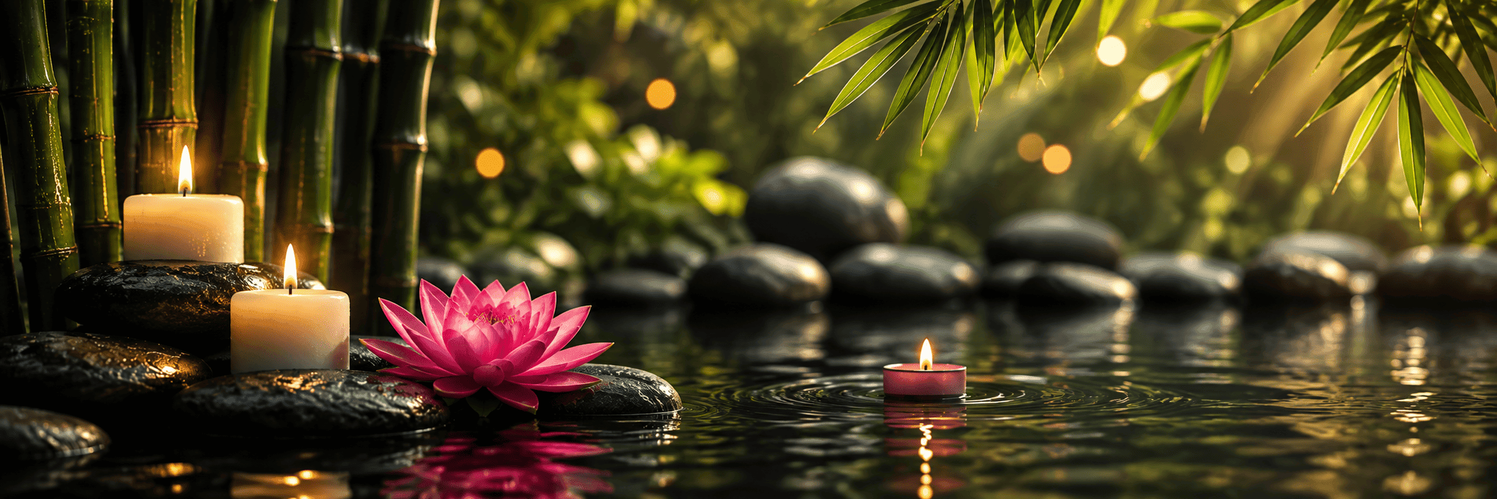 Massage stones, an orchid and candlelight beside calm water