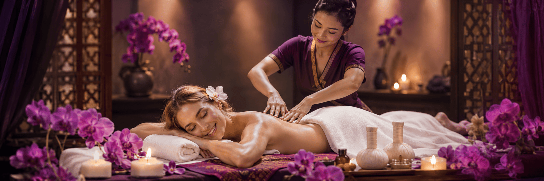 A client receiving traditional Thai massage in an elegant purple treatment room