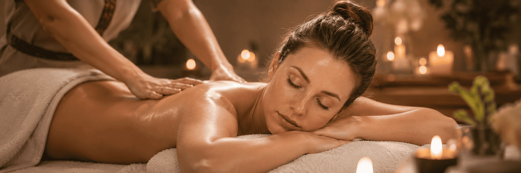 Warm massage oil being applied during a candlelit treatment