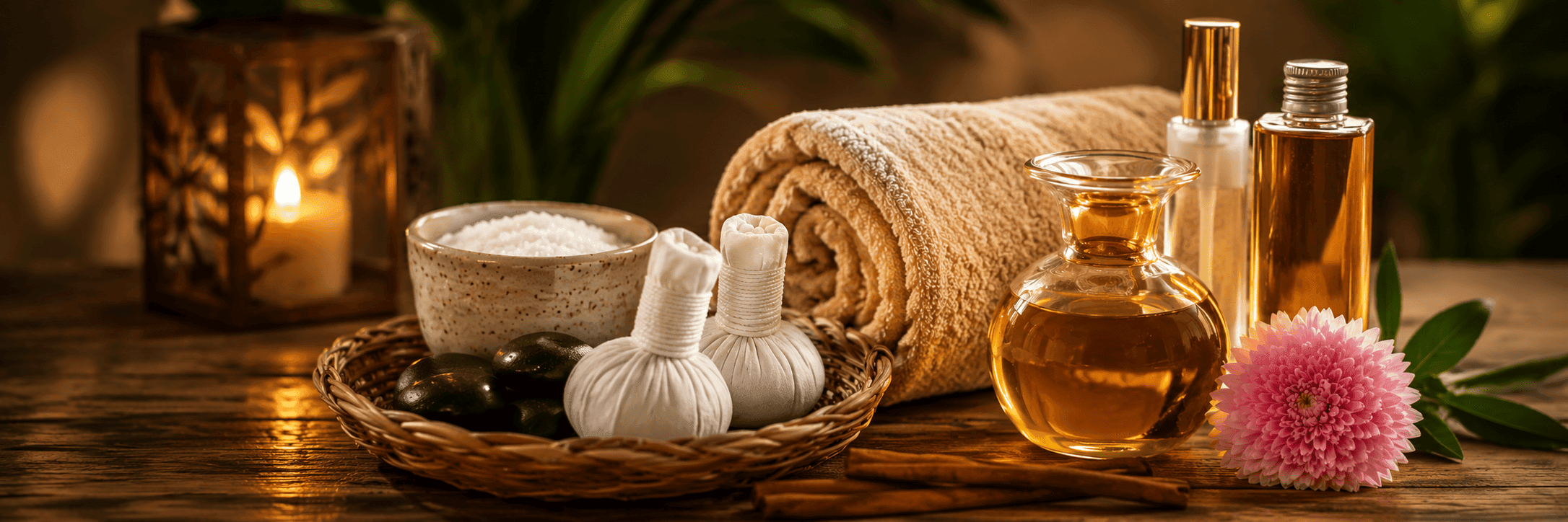 Massage oils, towels, flowers and candles prepared for treatment