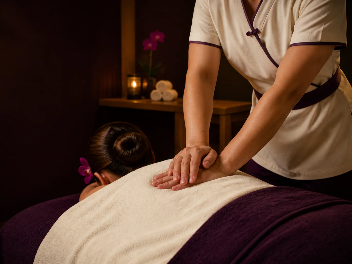 Illustrative deep tissue massage in a warm aubergine treatment room