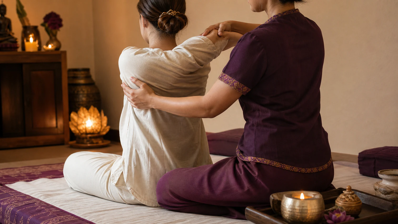 Thai massage therapist guiding a fully clothed client through an assisted upper-body stretch in a warm treatment room