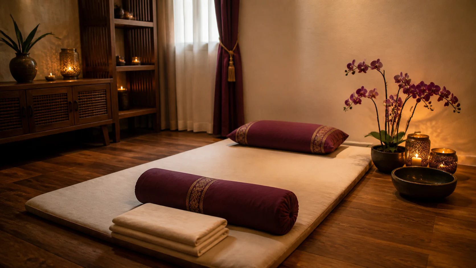 Prepared Thai massage floor mat with cushions, cream linens and an orchid
