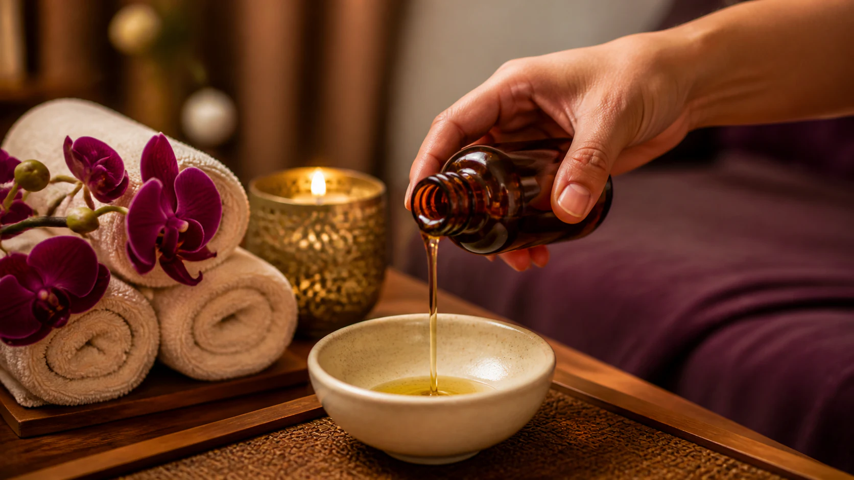 Warm massage oil, orchids and folded towels in a peaceful spa setting