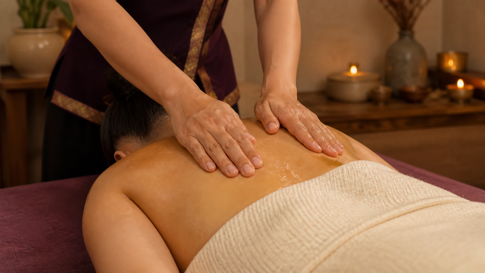 Therapist applying warm oil to the upper back of a modestly draped client