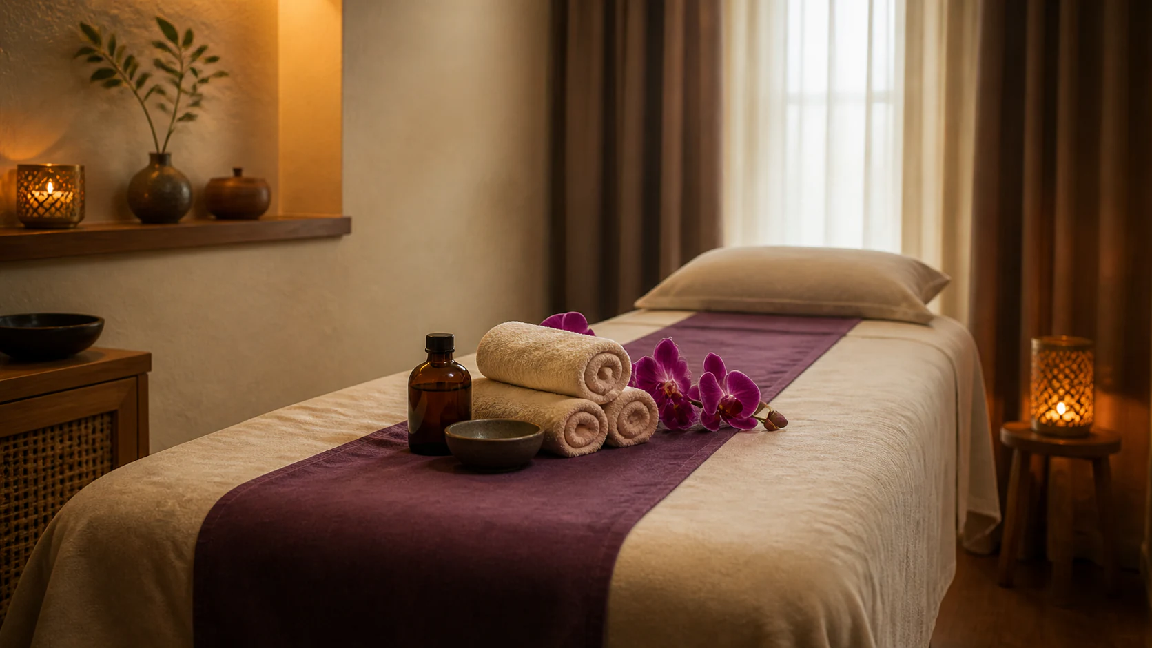 Prepared hot oil massage room with an amber bottle, warm towels and plum accents