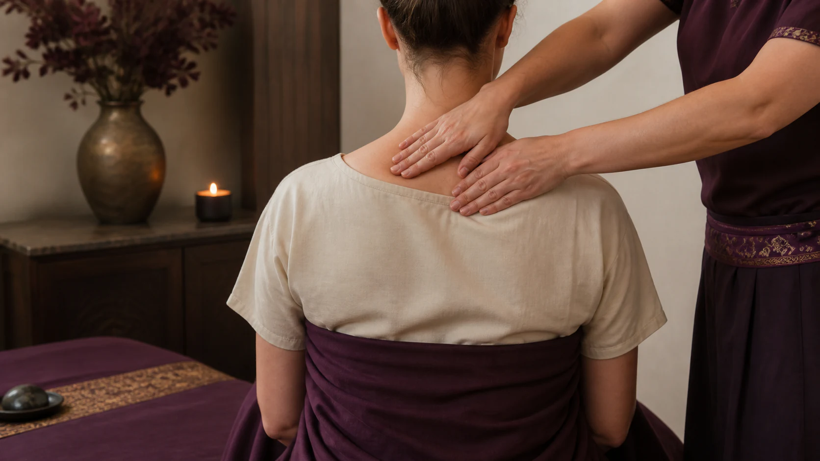 Therapist providing a focused seated neck and shoulder massage in a softly lit spa room