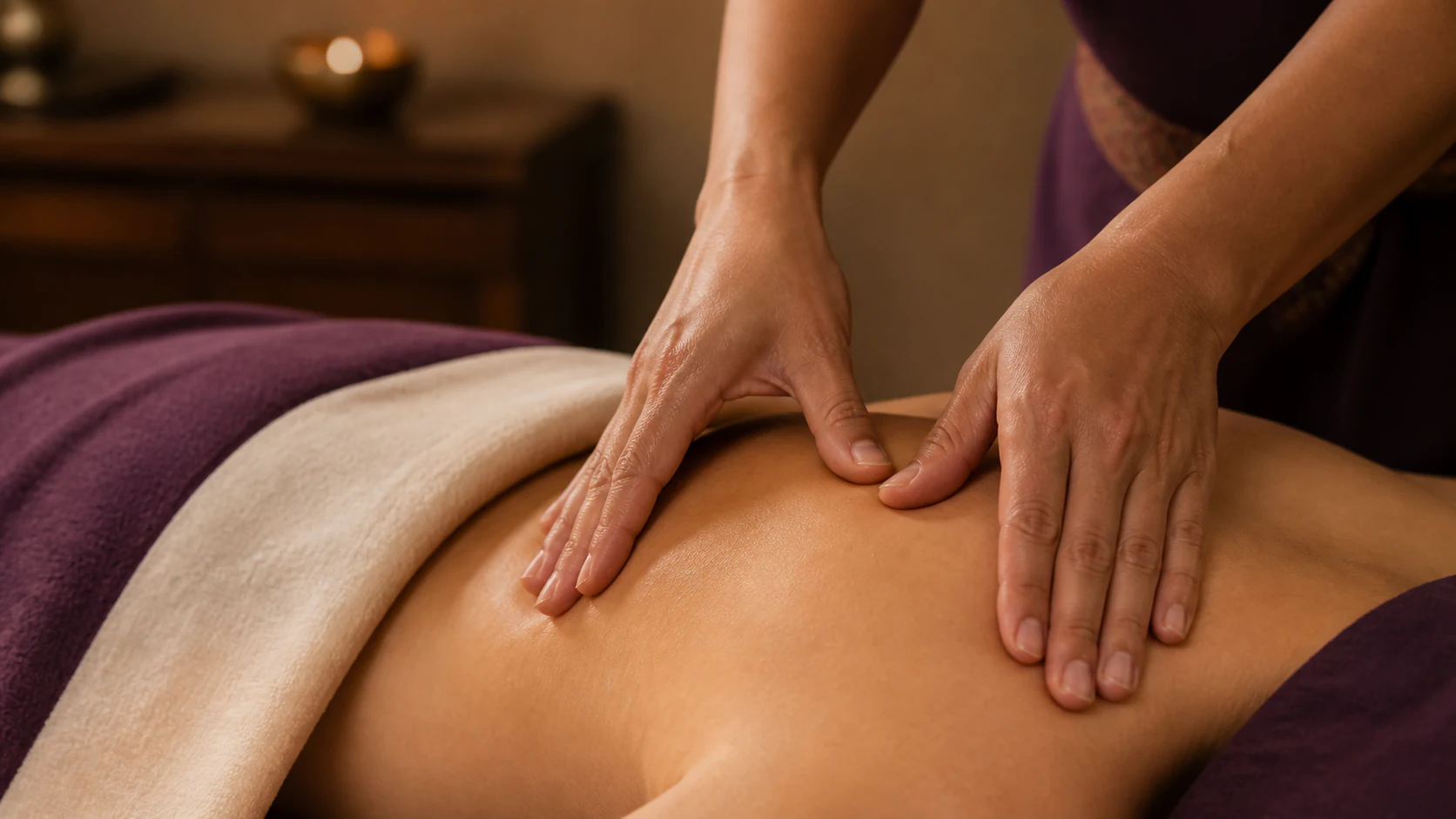 Close view of natural hands applying controlled pressure to the shoulder and upper back