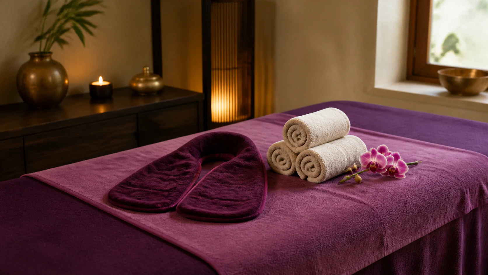 Rolled cream towels, a warm neck wrap and an orchid prepared for treatment