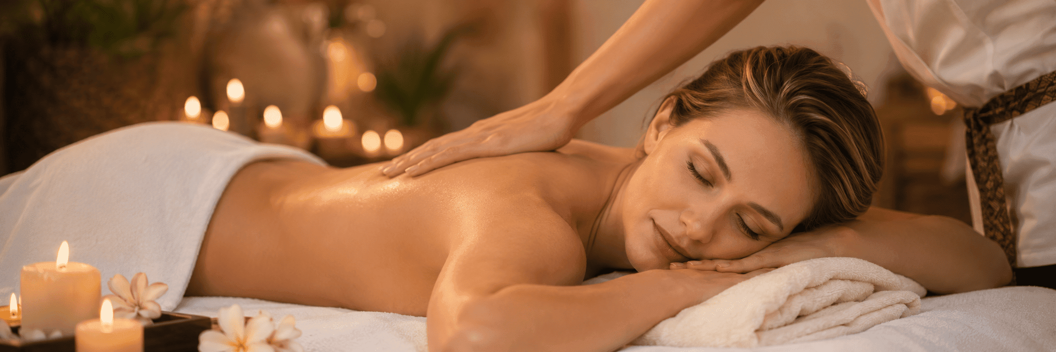 Deep tissue back massage with warm spa lighting