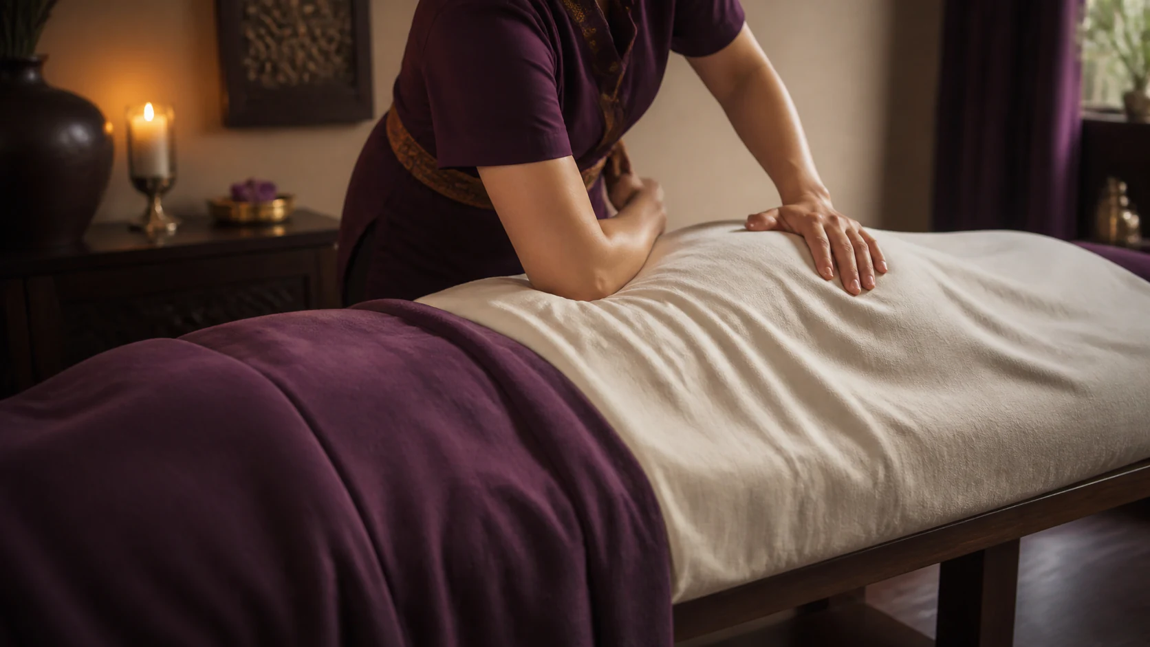 Therapist applying controlled forearm pressure to the fully draped back of a client