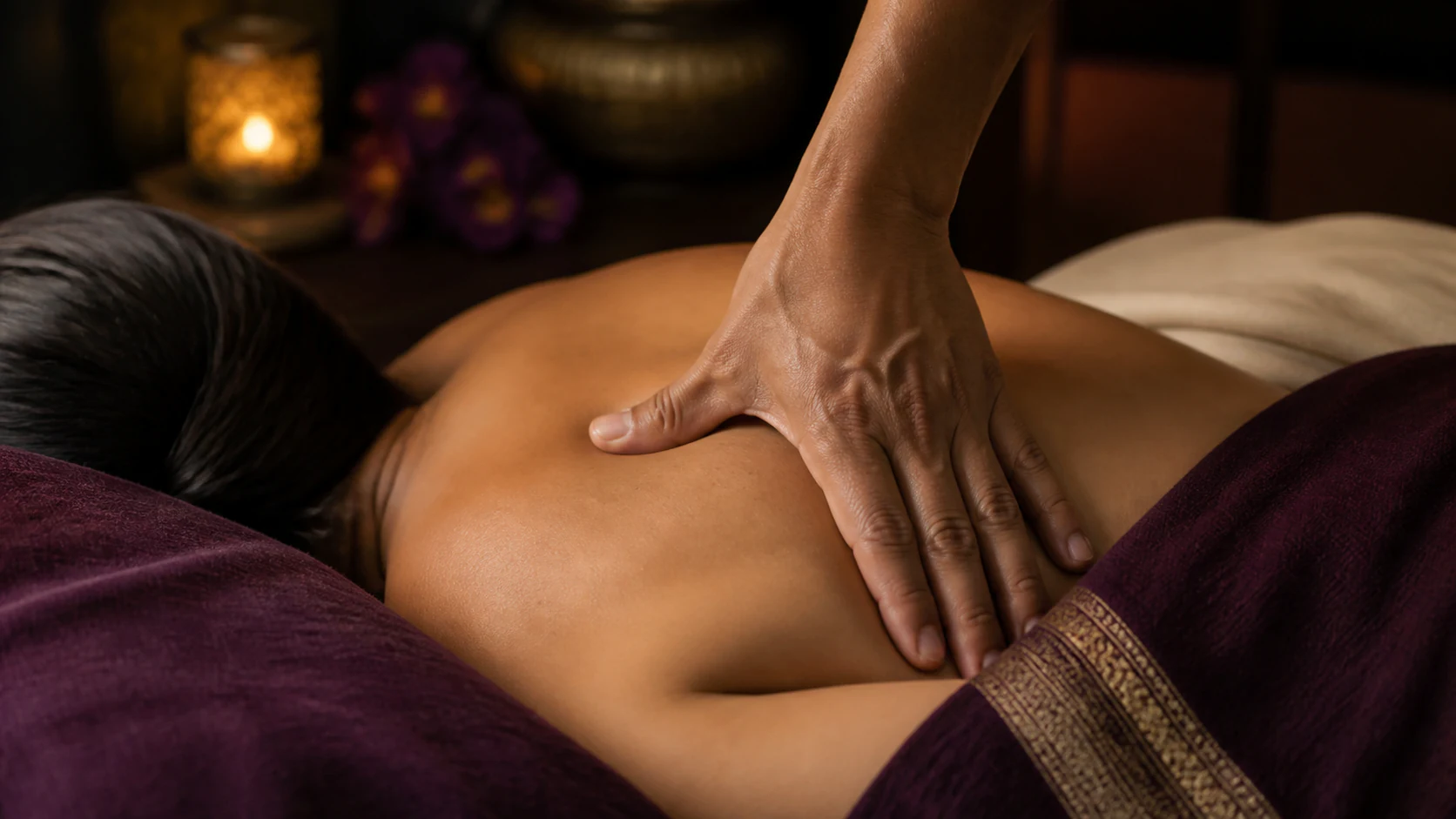 Close view of a therapist's hand applying focused pressure around the shoulder blade