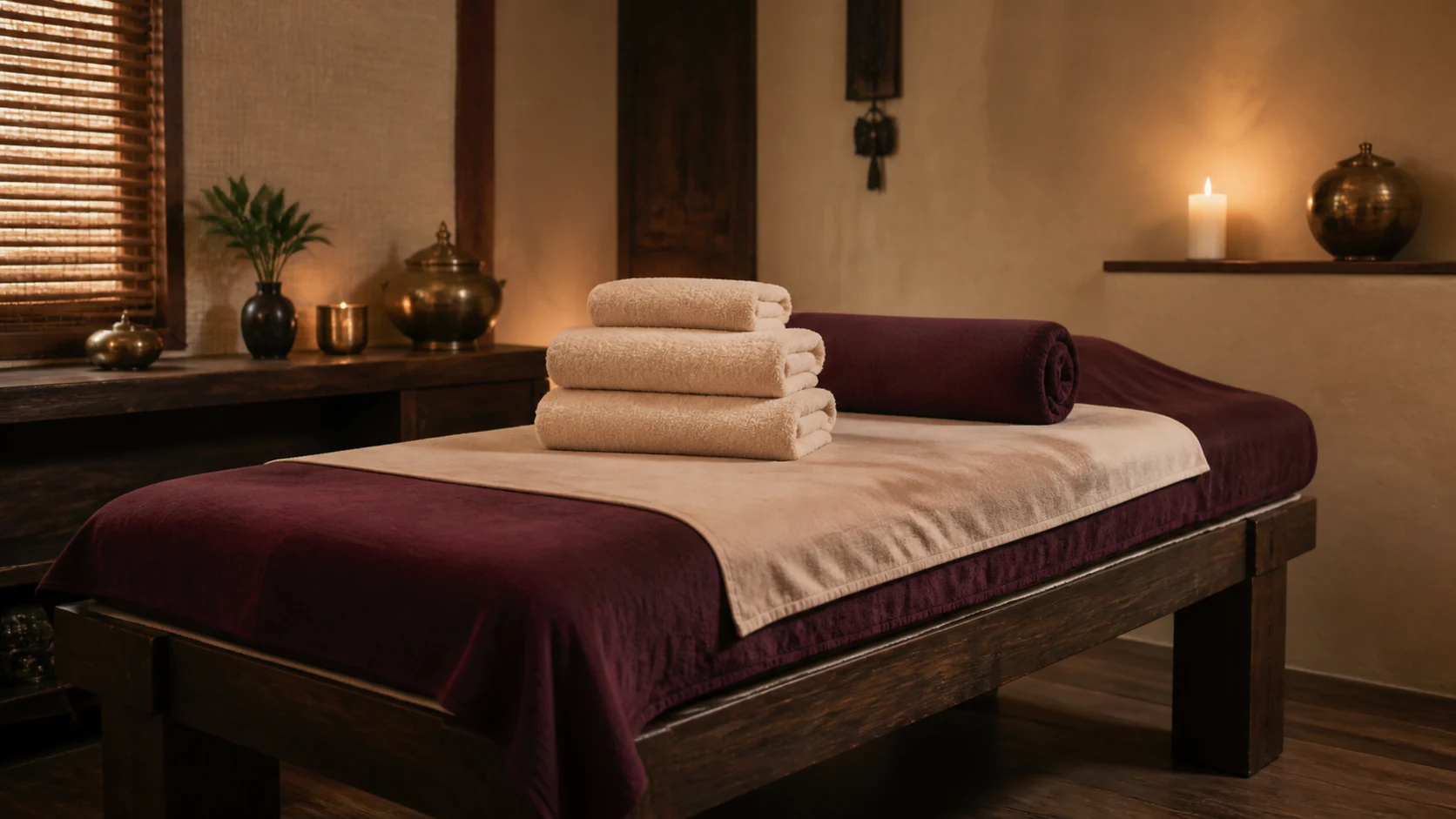 Prepared deep tissue massage room with cream towels and warm plum accents