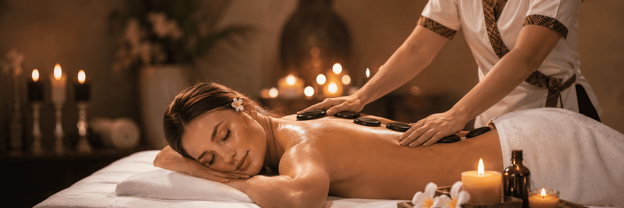 Hot stone massage treatment surrounded by soft candlelight
