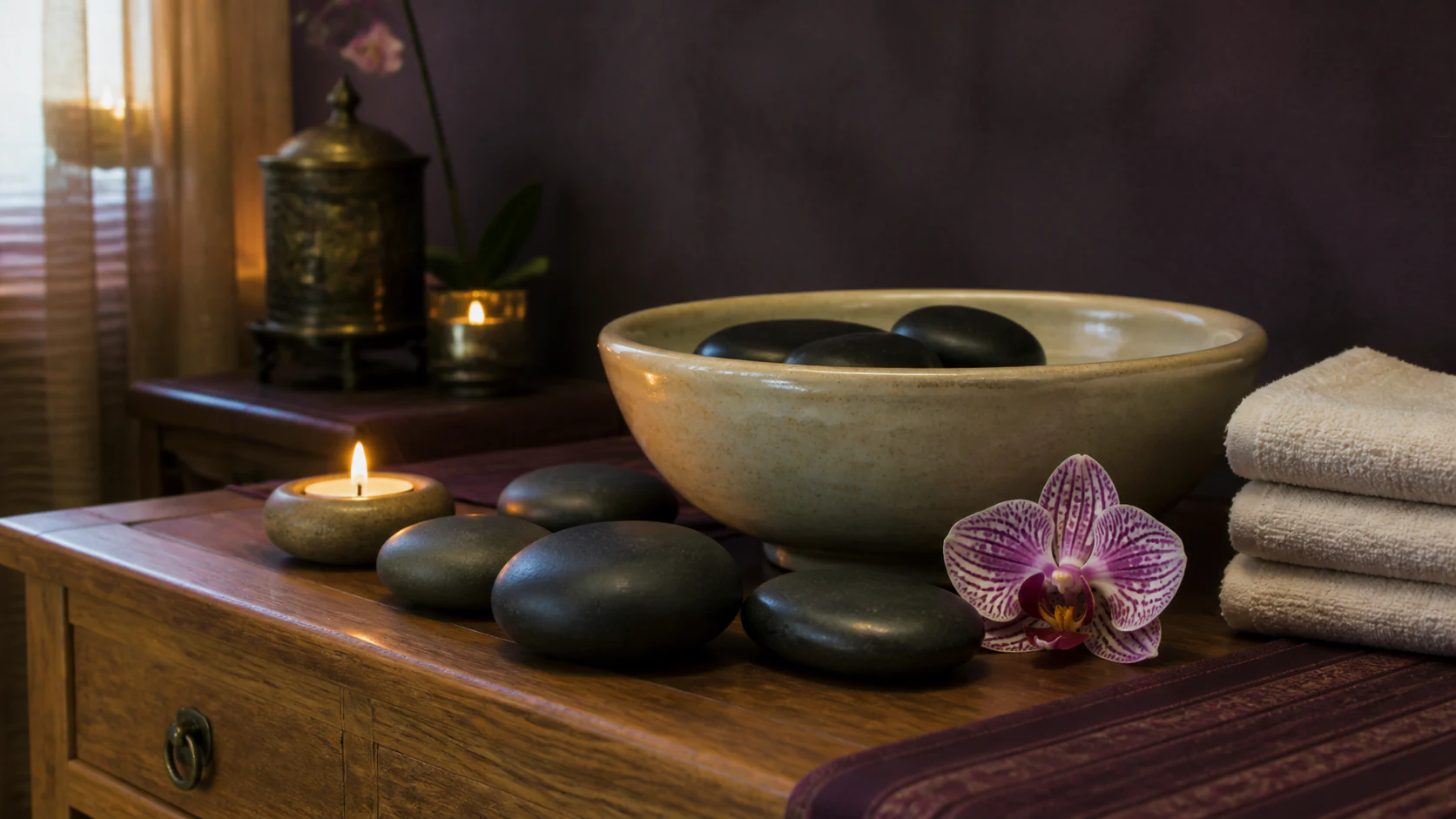 Basalt massage stones warming beside a ceramic bowl, orchid, candle and towels
