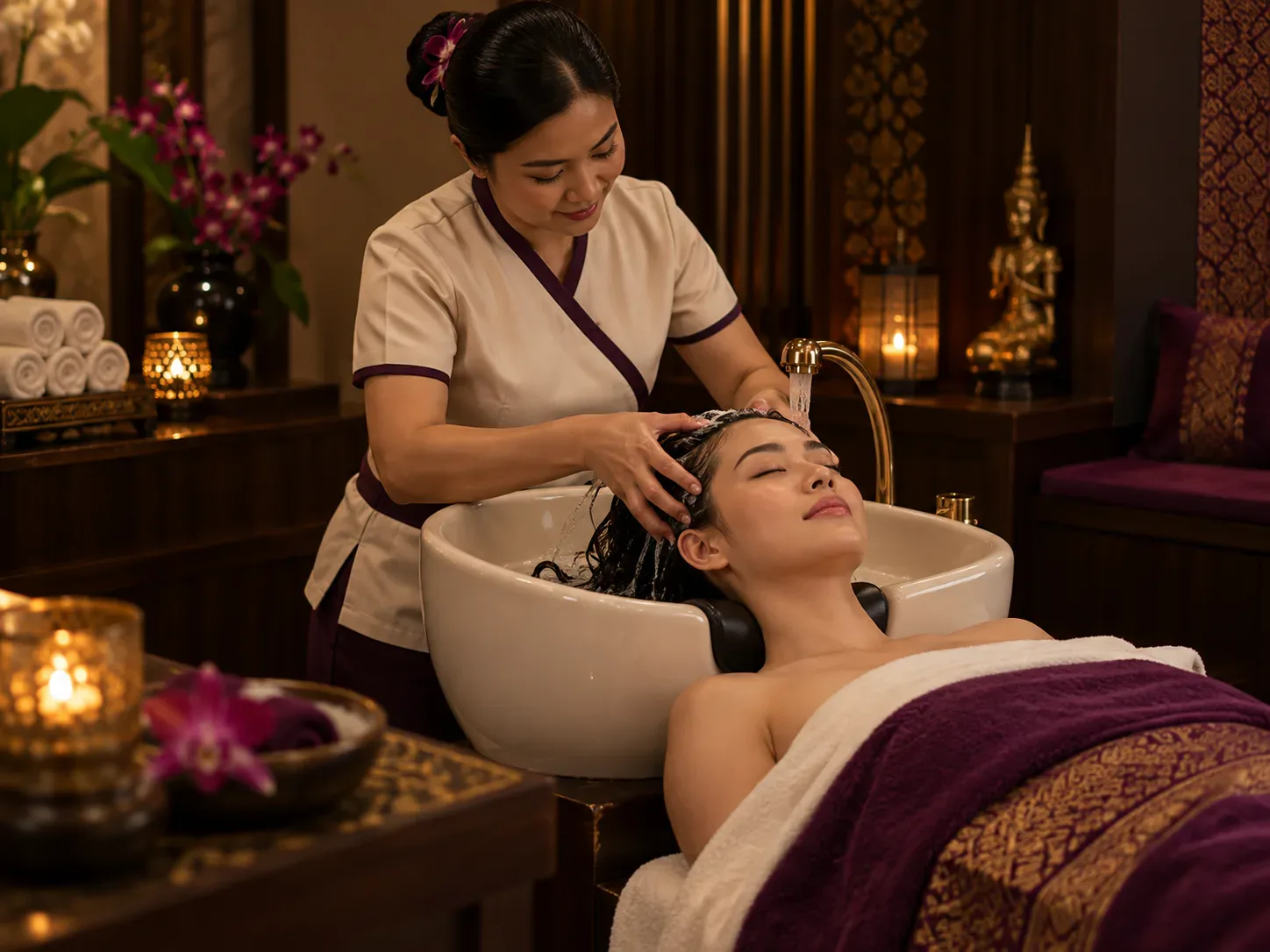 Therapist massaging a reclining client’s scalp during a head spa treatment.