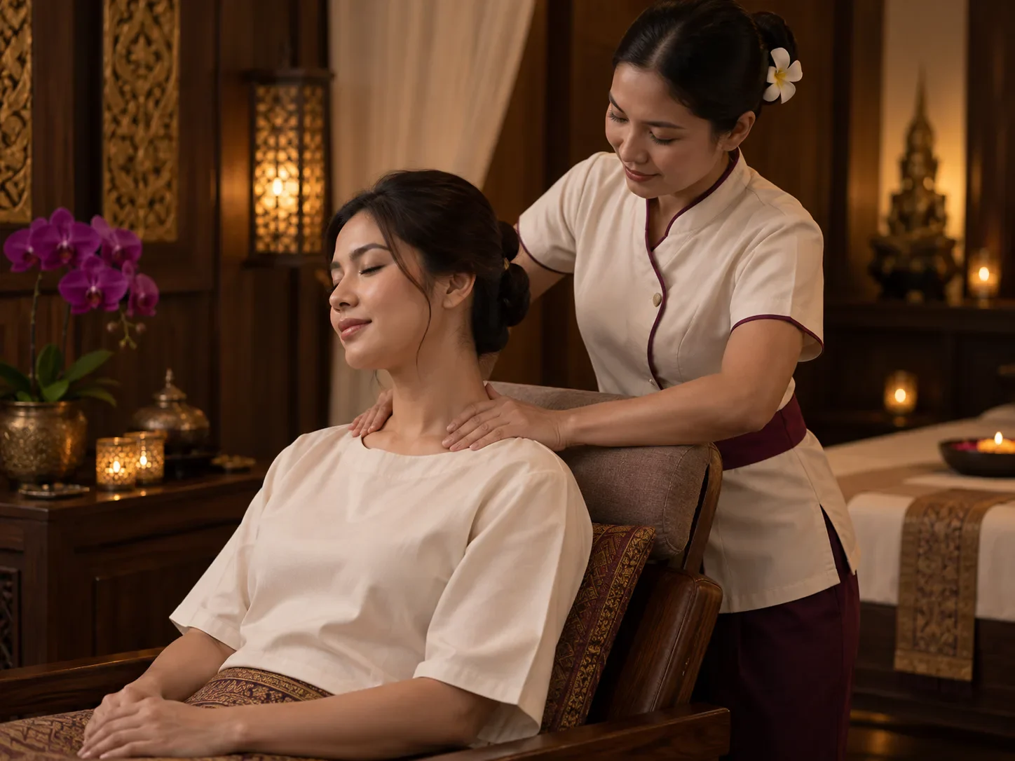 Therapist applying focused pressure to a client’s upper back and neck.