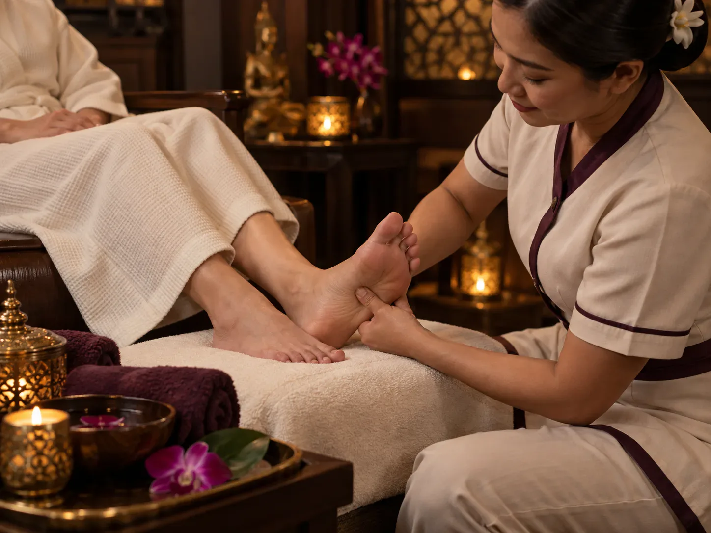 Therapist using thumb pressure on a client’s foot during a reflexology treatment.